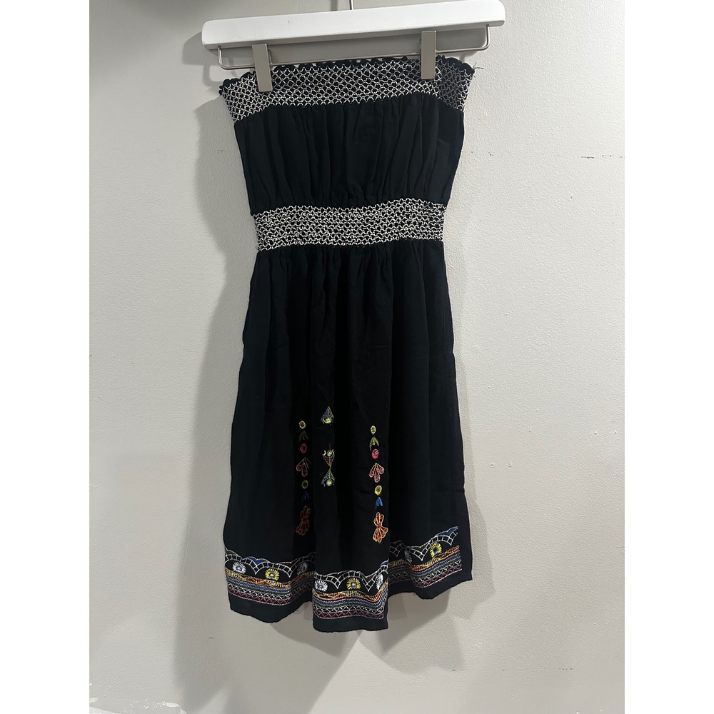 Poetry Clothing Black Embroidered Strapless Smocked Mini Dress Boho Women M